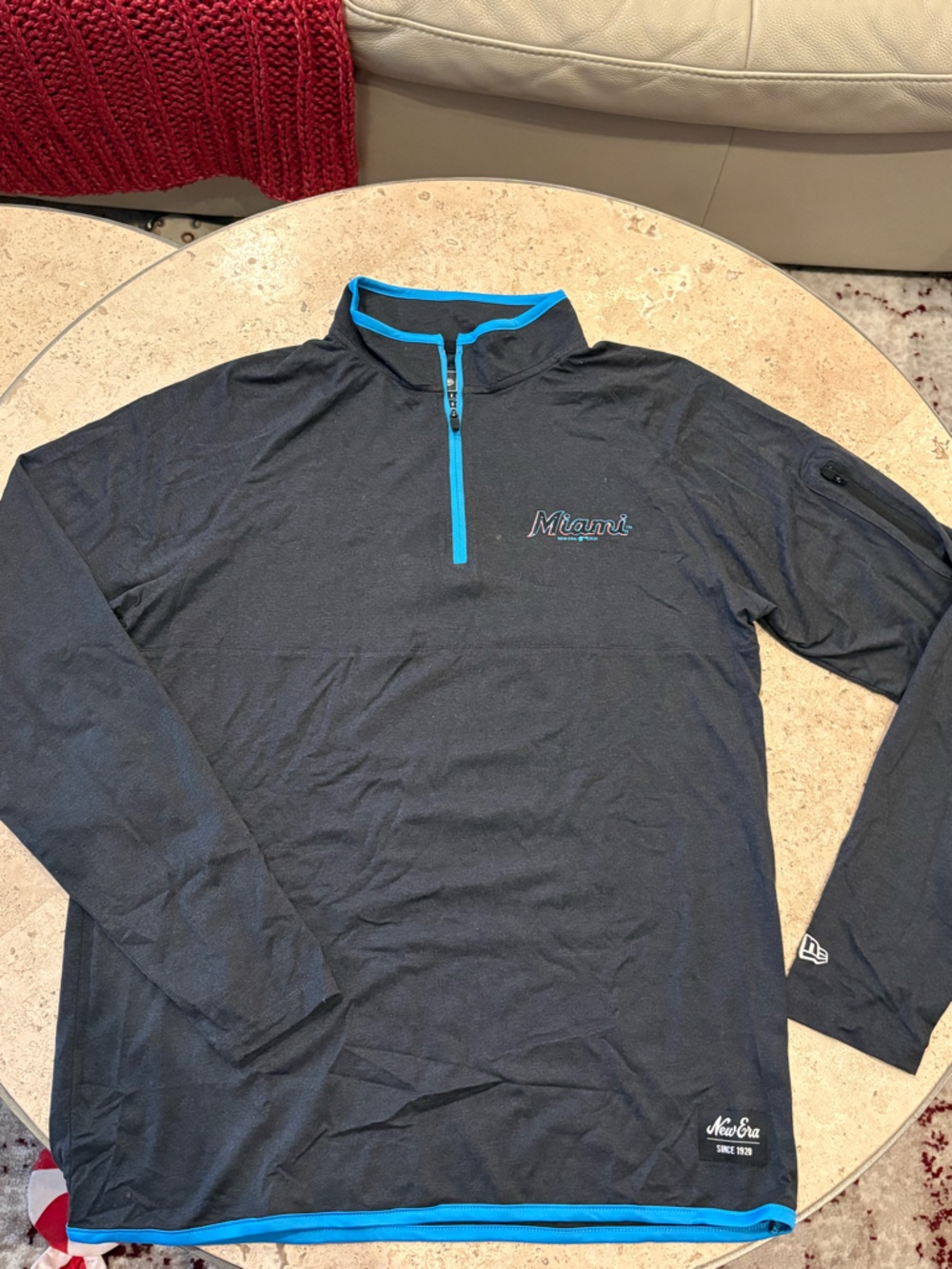 New Era Genuine Miami Marlins Quarter Zip Dark Gray Jacket with Bright Blue Trim